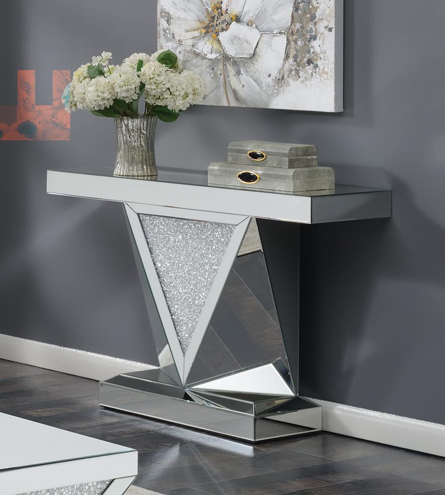 Gunilla Rectangular Sofa Table with Triangle Detailing Silver/Clear Mirror