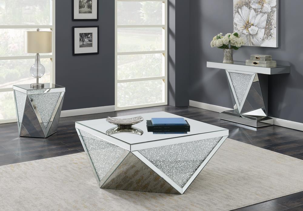 Gunilla Rectangular Sofa Table with Triangle Detailing Silver/Clear Mirror