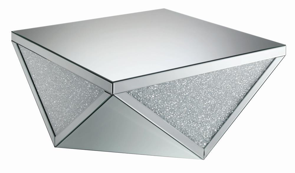 Gunilla Silver/Clear Mirror Square Coffee Table with Triangle Detailing by Coaster at Eve Furniture