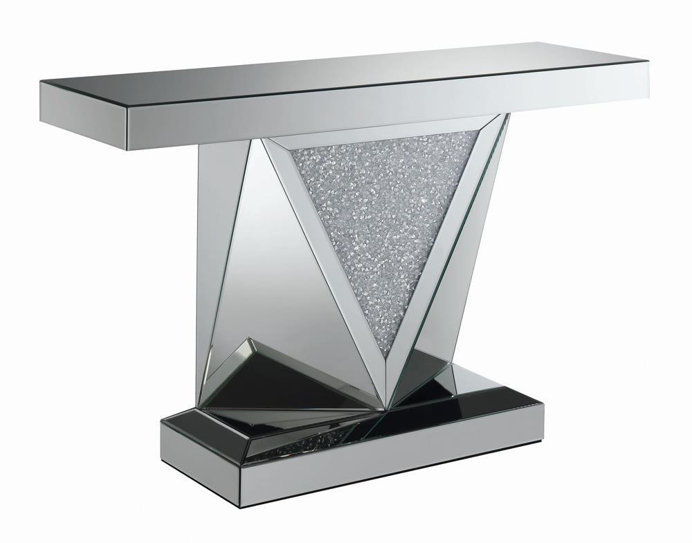 Gunilla Silver/Clear Rectangular Sofa Table with Triangle Detailing Mirror by Coaster at Eve Furniture
