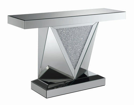 Gunilla Silver/Clear Rectangular Sofa Table with Triangle Detailing Mirror by Coaster at Eve Furniture
