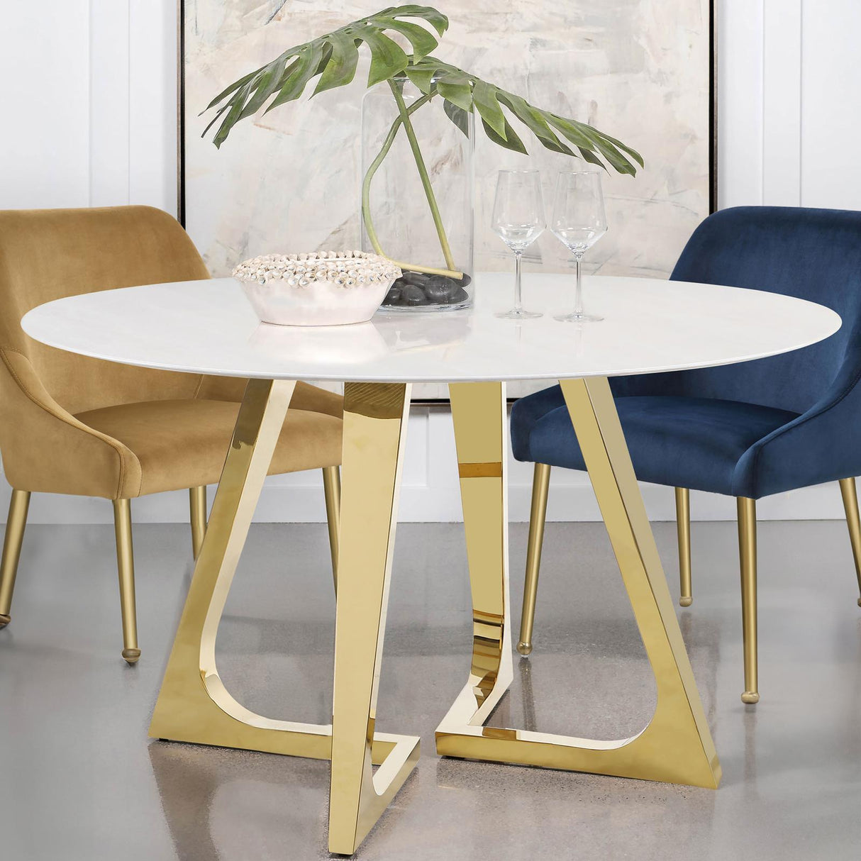 Gwynn White and Gold Stainless Steel Base Marble Top Round Dining Table by Coaster at Eve Furniture
