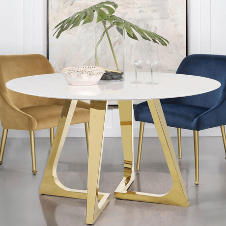 Gwynn White and Gold Stainless Steel Base Marble Top Round Dining Table by Coaster at Eve Furniture