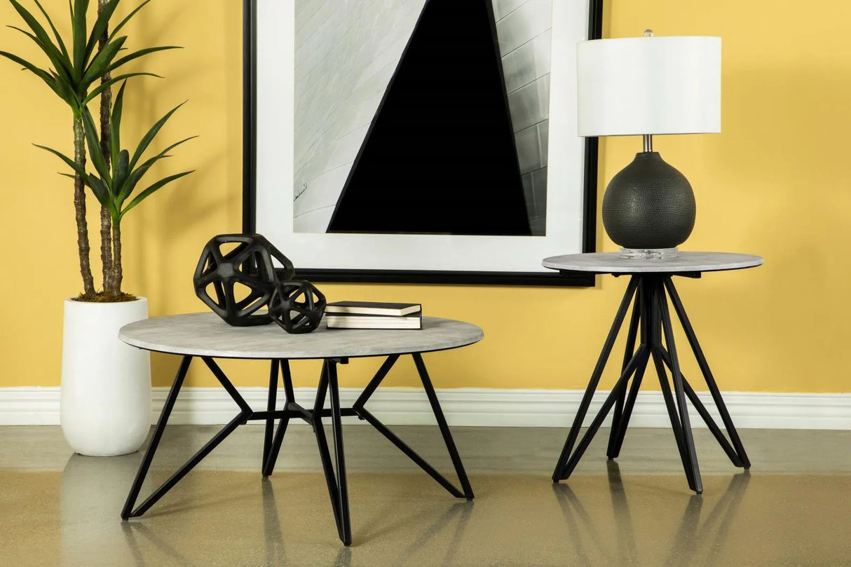 Hadi Cement/Gunmetal Round End Table with Hairpin Legs by Coaster at Eve Furniture