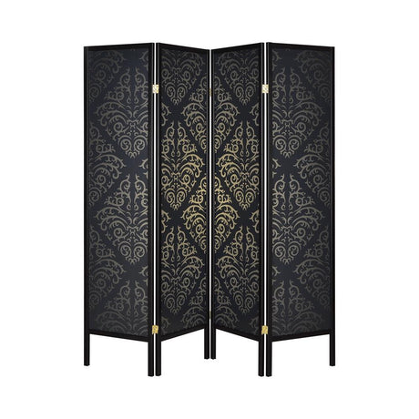 Haidera 4-Panel Damask Pattern Folding Screen Black