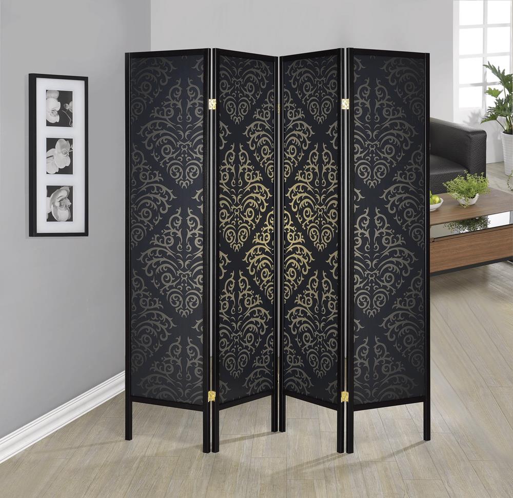 Haidera 4-Panel Damask Pattern Folding Screen Black