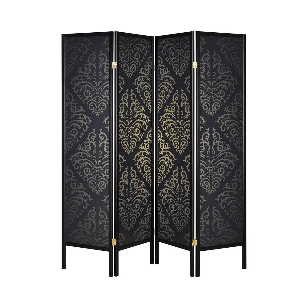 Haidera Black 4-Panel Damask Pattern Folding Screen by Coaster at Eve Furniture