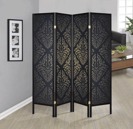Haidera Black 4-Panel Damask Pattern Folding Screen by Coaster at Eve Furniture