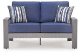 Half Moon Beach Blue/Gray Outdoor Loveseat with Cushion by Ashley at Eve Furniture