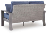 Half Moon Beach Blue/Gray Outdoor Loveseat with Cushion by Ashley at Eve Furniture