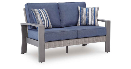 Half Moon Beach Blue/Gray Outdoor Loveseat with Cushion by Ashley at Eve Furniture