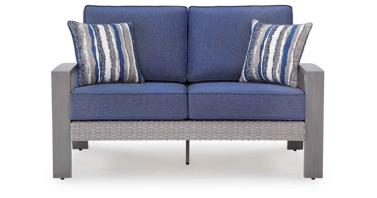 Half Moon Beach Blue/Gray Outdoor Loveseat with Cushion by Ashley at Eve Furniture