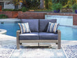 Half Moon Beach Blue/Gray Outdoor Loveseat with Cushion by Ashley at Eve Furniture