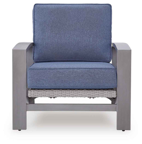 Half Moon Beach Blue/Gray Outdoor Sofa and 2 Chairs with Coffee Tabl by Ashley at Eve Furniture