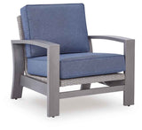 Half Moon Beach Blue/Gray Outdoor Sofa and 2 Chairs with Coffee Tabl by Ashley at Eve Furniture