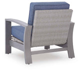 Half Moon Beach Blue/Gray Outdoor Sofa and 2 Chairs with Coffee Tabl by Ashley at Eve Furniture