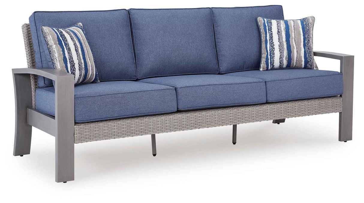 Half Moon Beach Blue/Gray Outdoor Sofa and 2 Chairs with Coffee Tabl by Ashley at Eve Furniture