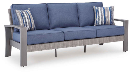 Half Moon Beach Blue/Gray Outdoor Sofa and 2 Chairs with Coffee Tabl by Ashley at Eve Furniture