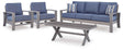 Half Moon Beach Blue/Gray Outdoor Sofa and 2 Chairs with Coffee Tabl by Ashley at Eve Furniture