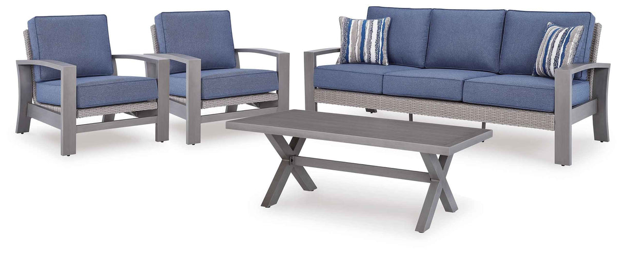 Half Moon Beach Blue/Gray Outdoor Sofa and 2 Chairs with Coffee Tabl by Ashley at Eve Furniture
