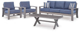 Half Moon Beach Blue/Gray Outdoor Sofa and 2 Chairs with Coffee Tabl by Ashley at Eve Furniture
