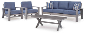 Half Moon Beach Blue/Gray Outdoor Sofa and 2 Chairs with Coffee Tabl by Ashley at Eve Furniture