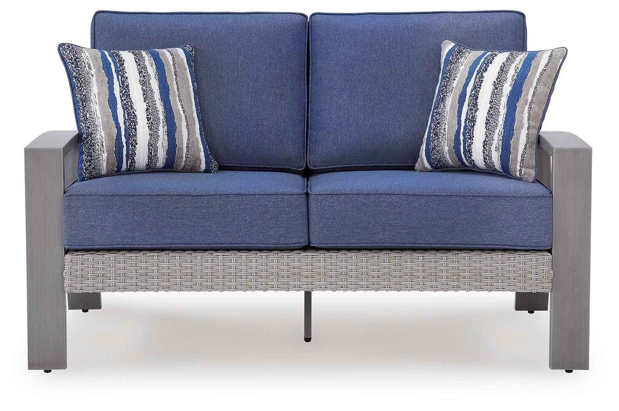 Half Moon Beach Blue/Gray Outdoor Sofa and Loveseat by Ashley at Eve Furniture