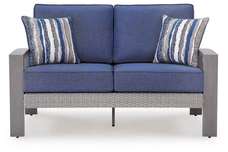 Half Moon Beach Blue/Gray Outdoor Sofa and Loveseat by Ashley at Eve Furniture