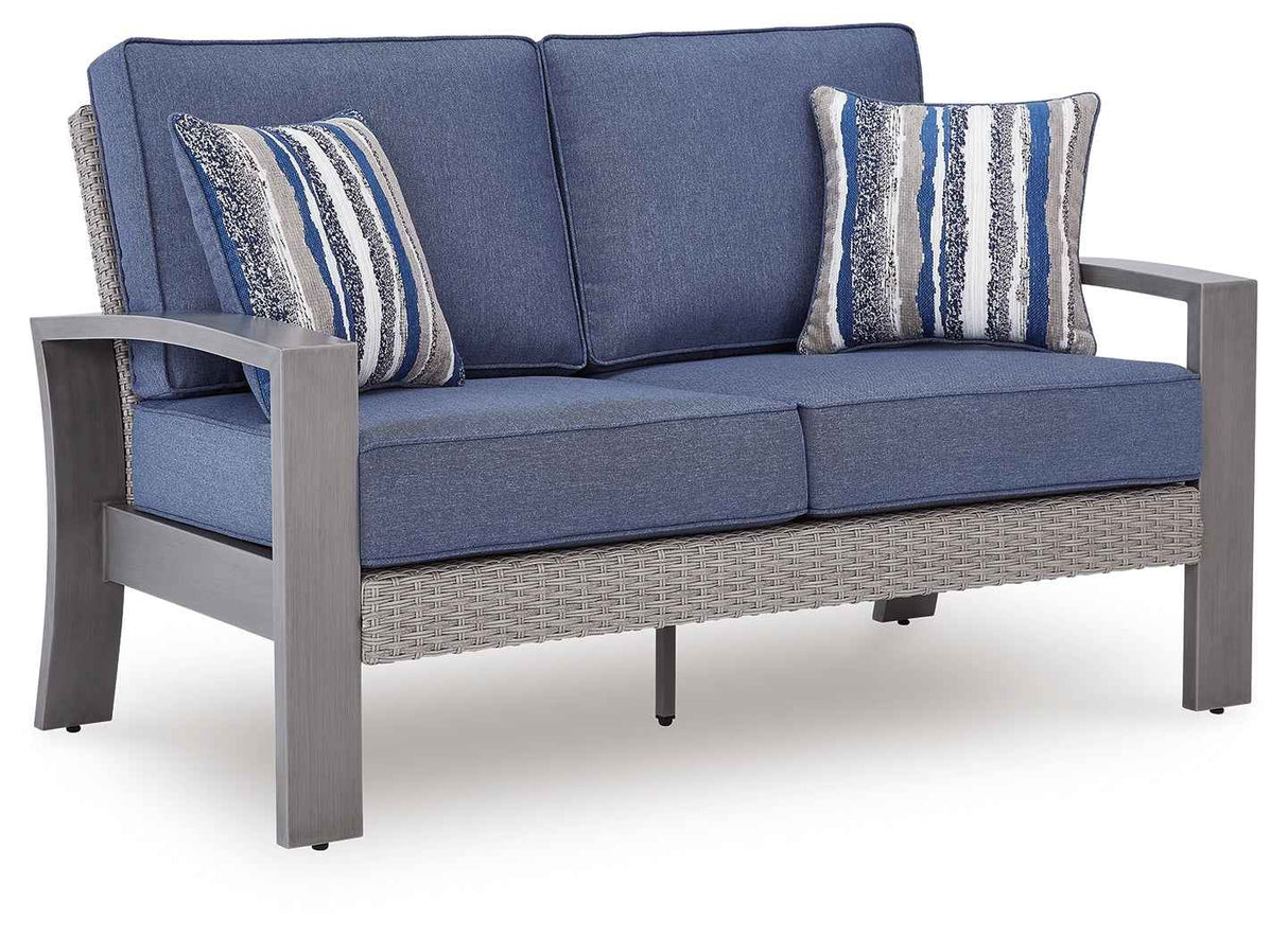 Half Moon Beach Blue/Gray Outdoor Sofa and Loveseat by Ashley at Eve Furniture