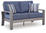 Half Moon Beach Blue/Gray Outdoor Sofa and Loveseat by Ashley at Eve Furniture