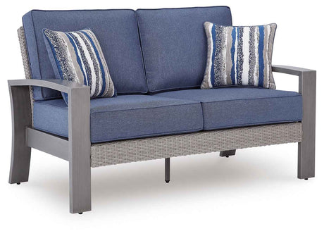 Half Moon Beach Blue/Gray Outdoor Sofa and Loveseat by Ashley at Eve Furniture