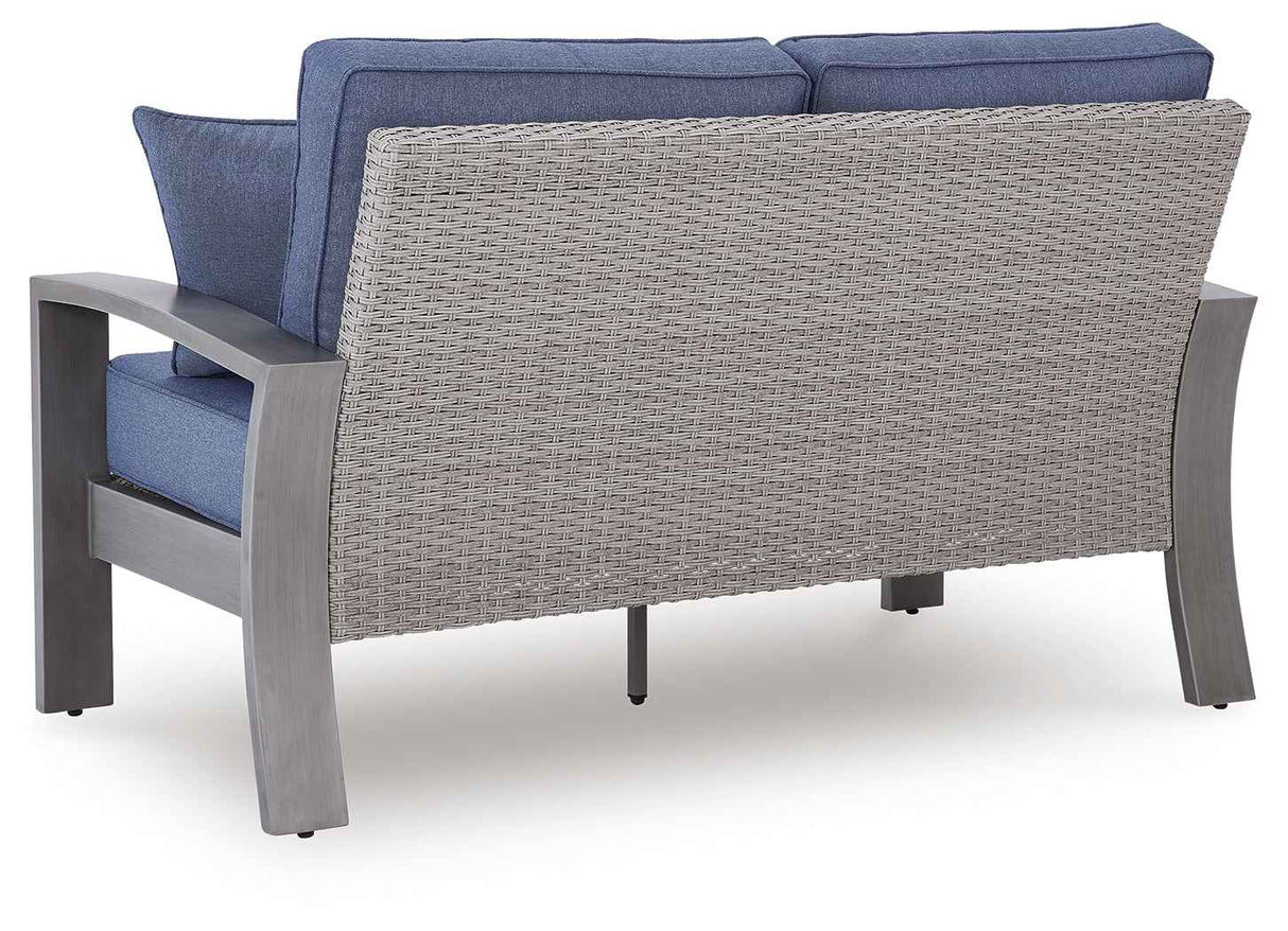 Half Moon Beach Blue/Gray Outdoor Sofa and Loveseat by Ashley at Eve Furniture