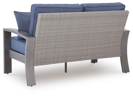 Half Moon Beach Blue/Gray Outdoor Sofa and Loveseat by Ashley at Eve Furniture