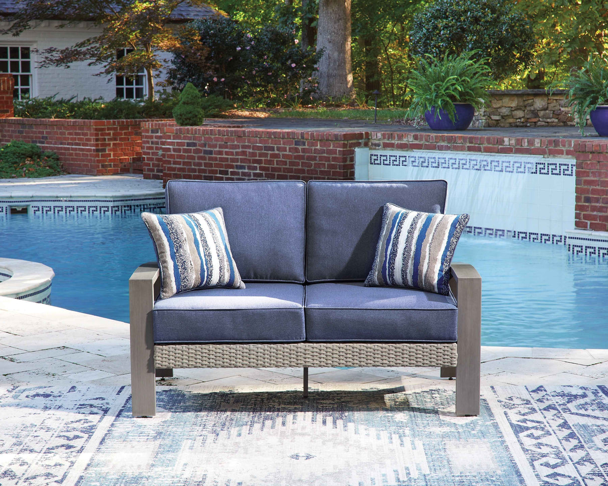 Half Moon Beach Blue/Gray Outdoor Sofa and Loveseat by Ashley at Eve Furniture