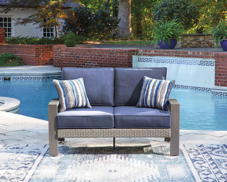 Half Moon Beach Blue/Gray Outdoor Sofa and Loveseat by Ashley at Eve Furniture