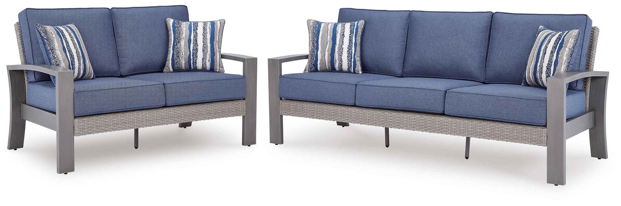 Half Moon Beach Blue/Gray Outdoor Sofa and Loveseat by Ashley at Eve Furniture