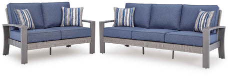 Half Moon Beach Blue/Gray Outdoor Sofa and Loveseat by Ashley at Eve Furniture