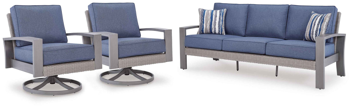 Half Moon Beach Blue/Gray Outdoor Sofa with 2 Lounge Chairs by Ashley at Eve Furniture