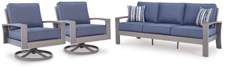 Half Moon Beach Blue/Gray Outdoor Sofa with 2 Lounge Chairs by Ashley at Eve Furniture
