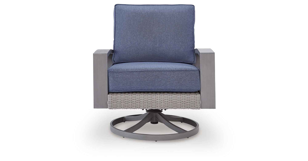 Half Moon Beach Blue/Gray Outdoor Swivel Lounge Chair with Cushion by Ashley at Eve Furniture