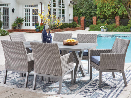 Half Moon Gray Beach Outdoor Dining Table and 6 Armchairs by Ashley at Eve Furniture