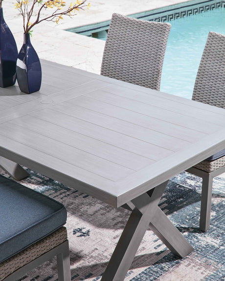 Half Moon Gray Beach Outdoor Dining Table and 6 Chairs by Ashley at Eve Furniture