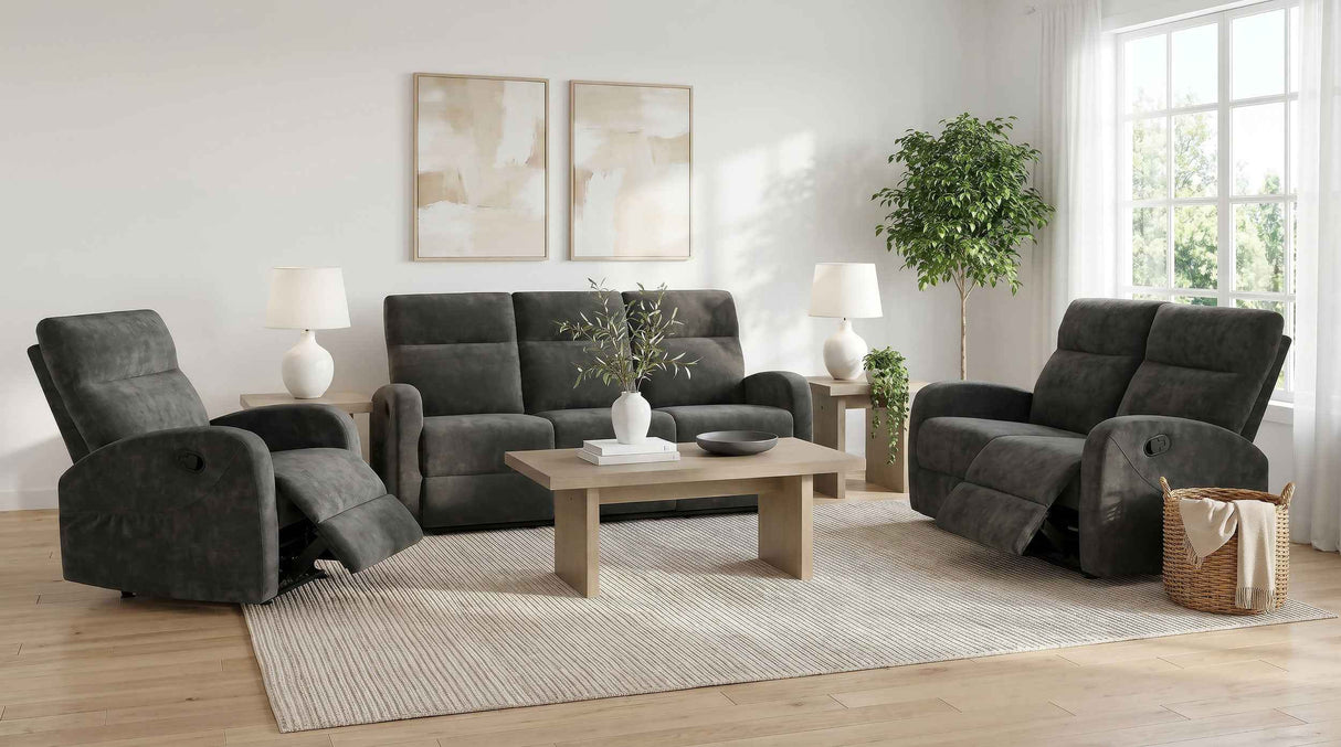 Hamilton 3-piece Chenille Manual Reclining Sofa Set Charcoal Grey by Coaster at Eve Furniture