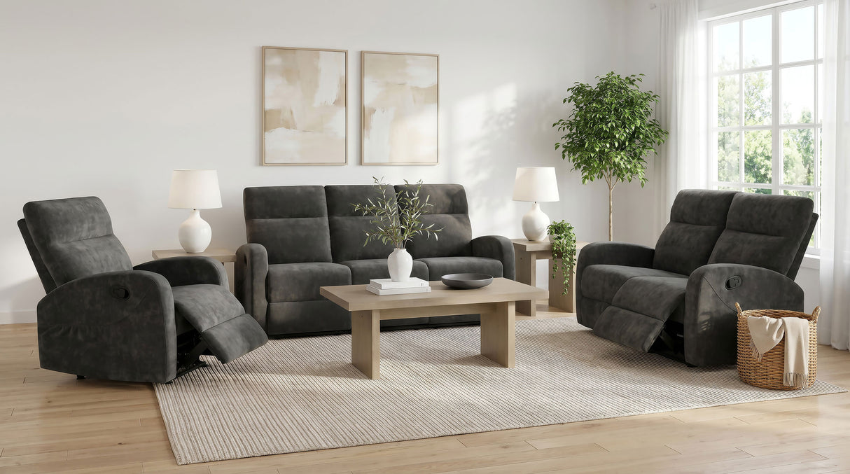 Hamilton Chenille Upholstered Manual Glider Recliner Charcoal Grey by Coaster at Eve Furniture