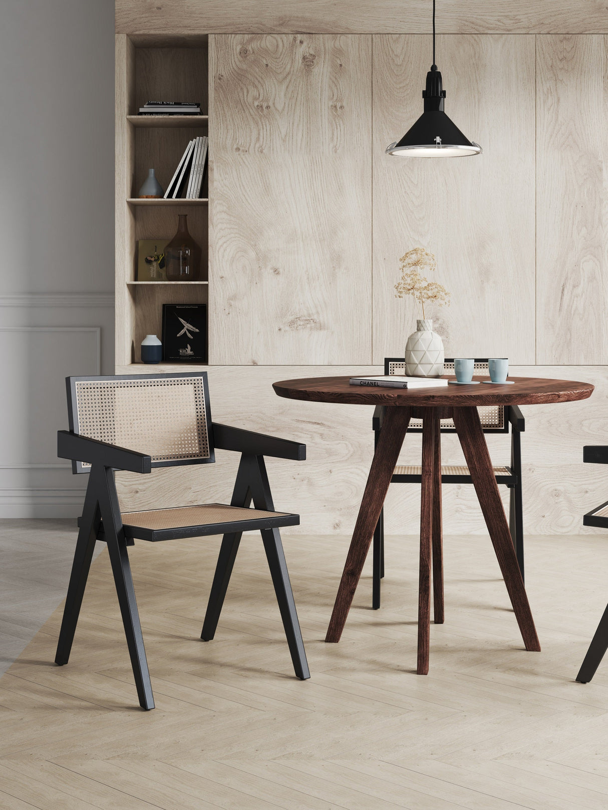 Hamlet Dining Arm Chair in Black and Natural Cane by Manhattan Comfort at Eve Furniture