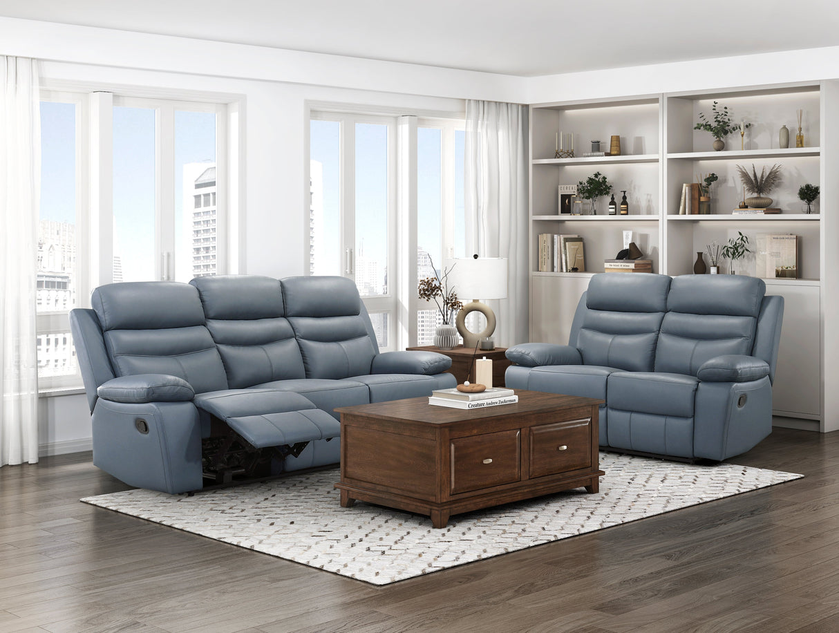 Hancock Blue Leather Double Reclining Living Room Set by Homelegance at Eve Furniture