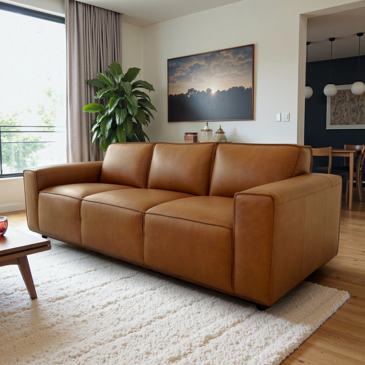 Hanky Mid-Century Modern Genuine Tan Leather Sofa by Ashcroft Furniture at Eve Furniture