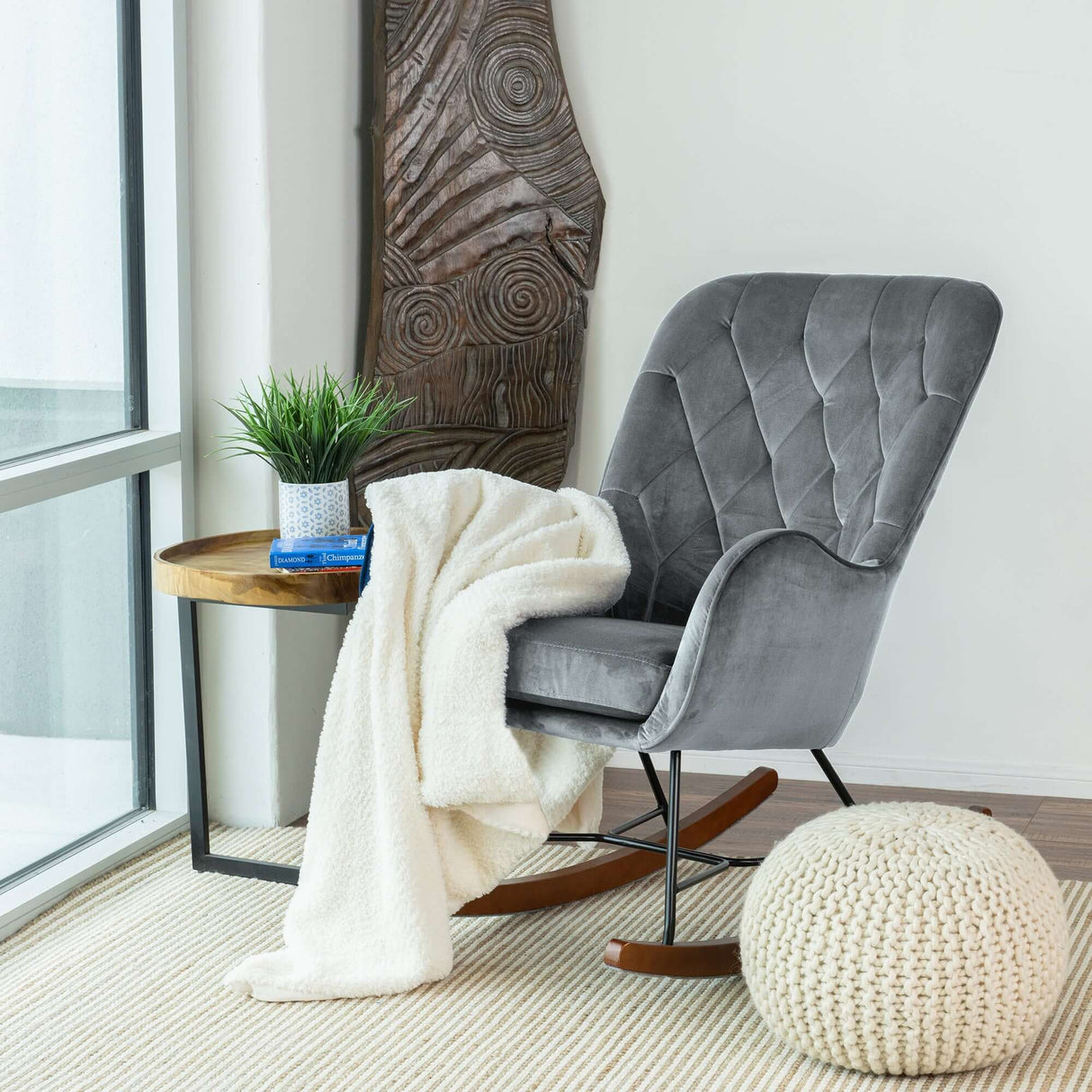 Hannah Mid Century Modern Rocking Chair In Dark Grey by Ashcroft Furniture at Eve Furniture
