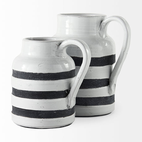 Harmon II Large White w/ Charcoal Stripes Ceramic Jug by Mercana at Eve Furniture