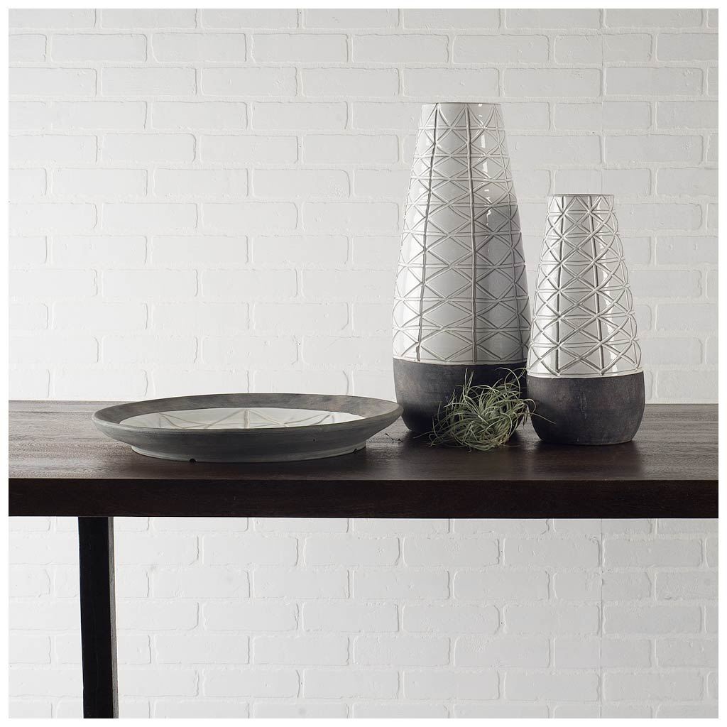 Harrier II Large Gray Ceramic Dark Base White Vase by Mercana at Eve Furniture